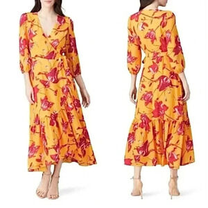 Color Me Courtney Eleanor Wrap Dress Small Orchid Bloom Floral Orange Pink Midi